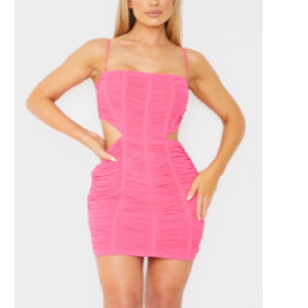 Pink Ruched Cutout Mini Dress